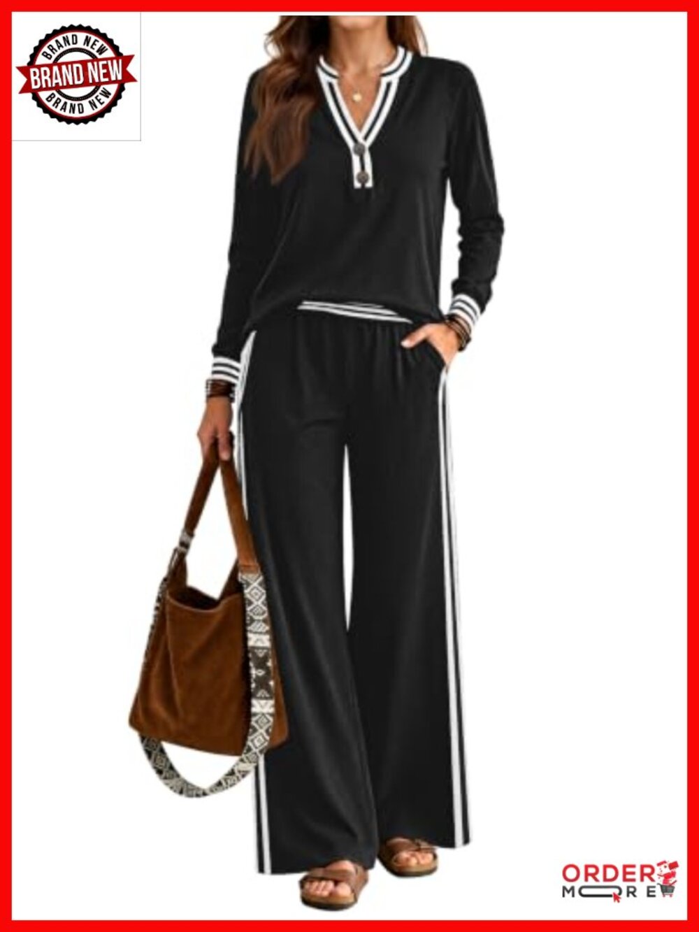 Women's 2 Piece Lounge Set Henley Top & Wide Leg Pants